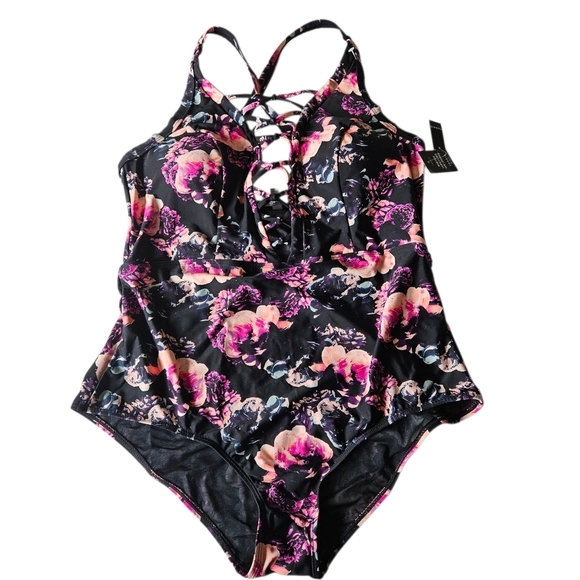 Torrid Pink and Black Floral Strappy One Piece Swimsuit NWT Size 2X - Picture 2 of 14